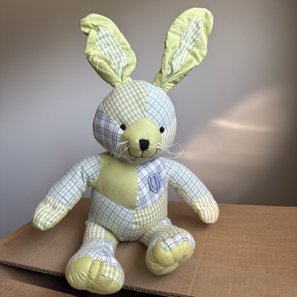 Pottery Barn Kids Bunny Blue Green Gingham Patchwork 16" Stuffed Animal‎ Rabbit